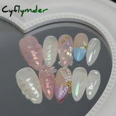 Cyflymder 10pcs Aurora Almond Press On Nails Short French Fake Nails Butterfly 3D Design False Nail Full Cover Wearable Manicure Nail Tips
