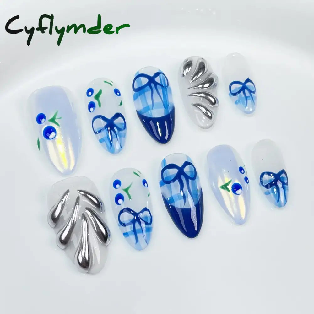 Cyflymder 10pcs Aurora Almond Press On Nails Short French Fake Nails Butterfly 3D Design False Nail Full Cover Wearable Manicure Nail Tips