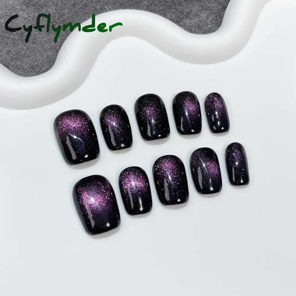 Cyflymder 10Pcs Aurora Cat Eye Handmade Press On Nails Short Square Head False Nails Wearable Simple Pure Manicure Full Over Nail Art Tips