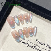Cyflymder 10Pcs Aurora Handmade False Nails with Jelly Glue Long Almond Fake Nail Art Shell Design Press on Nails Full Cover Manicure Tips