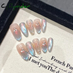 Cyflymder 10Pcs Aurora Handmade False Nails with Jelly Glue Long Almond Fake Nail Art Shell Design Press on Nails Full Cover Manicure Tips