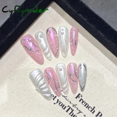 Cyflymder 10Pcs Aurora Handmade False Nails with Jelly Glue Long Almond Fake Nail Art Shell Design Press on Nails Full Cover Manicure Tips