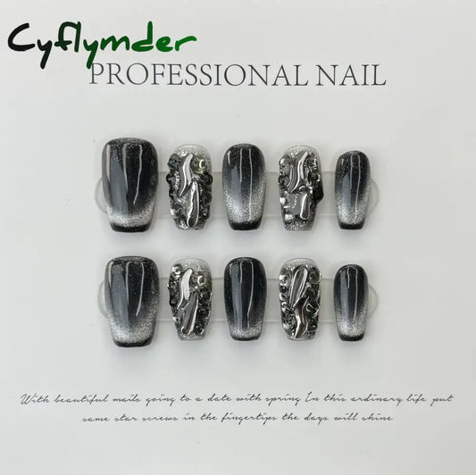Cyflymder 10Pcs Light Luxury Handmade Press On Nails French coffin Cat Eye Fake Nails with Diamond Full Cover Wearable Artificial Nail Tip