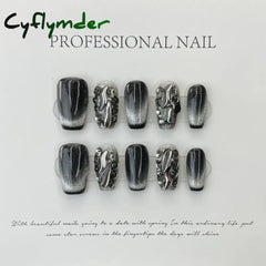 Cyflymder 10Pcs Light Luxury Handmade Press On Nails French coffin Cat Eye Fake Nails with Diamond Full Cover Wearable Artificial Nail Tip