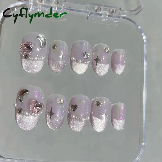 Cyflymder 10Pcs Short Handmade Pink Press on Nails Spring French Rhinestone Full Cover Fake Nail Plaid Manicure Wearable Nail Tips Art