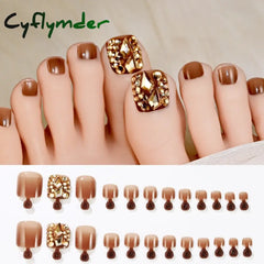 Cyflymder 24/100/120Pcs Press On Toe Nails for Women French Tip Fake Toenail with Gold Glitter Rhinestone Design Full Cover False Toenails