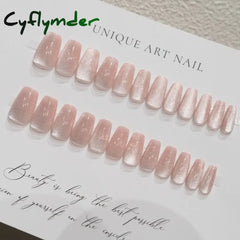 Cyflymder 24 Pcs Cat Eye Winter Press on Nails for Gluing Long Korea False Nail for Girls Cheap Coffin Stick-on Fake Nails Set with Glue