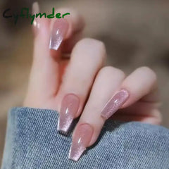 Cyflymder 24 Pcs Cat Eye Winter Press on Nails for Gluing Long Korea False Nail for Girls Cheap Coffin Stick-on Fake Nails Set with Glue