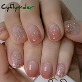 Cyflymder 24 Pcs Short Squoval Press On Nails Pink Gradient Stripe Pattern Fake Nails Glossy Artificial Finger Manicure False Nails