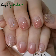 Cyflymder 24 Pcs Short Squoval Press On Nails Pink Gradient Stripe Pattern Fake Nails Glossy Artificial Finger Manicure False Nails