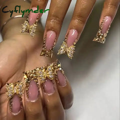 Cyflymder 24 Piece Rectangular 3D Butterfly Dot Diamond Style, Brown Color Scheme Enhances Your Charm, Nail Art Set, Press Nail