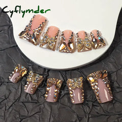 Cyflymder 24 Piece Rectangular 3D Butterfly Dot Diamond Style, Brown Color Scheme Enhances Your Charm, Nail Art Set, Press Nail