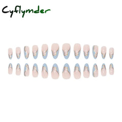 Cyflymder 24 Pieces Long Almond Irregular French style Pattern ABS Full Cover Glossy False Nails