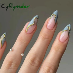 Cyflymder 24 Pieces Long Almond Irregular French style Pattern ABS Full Cover Glossy False Nails