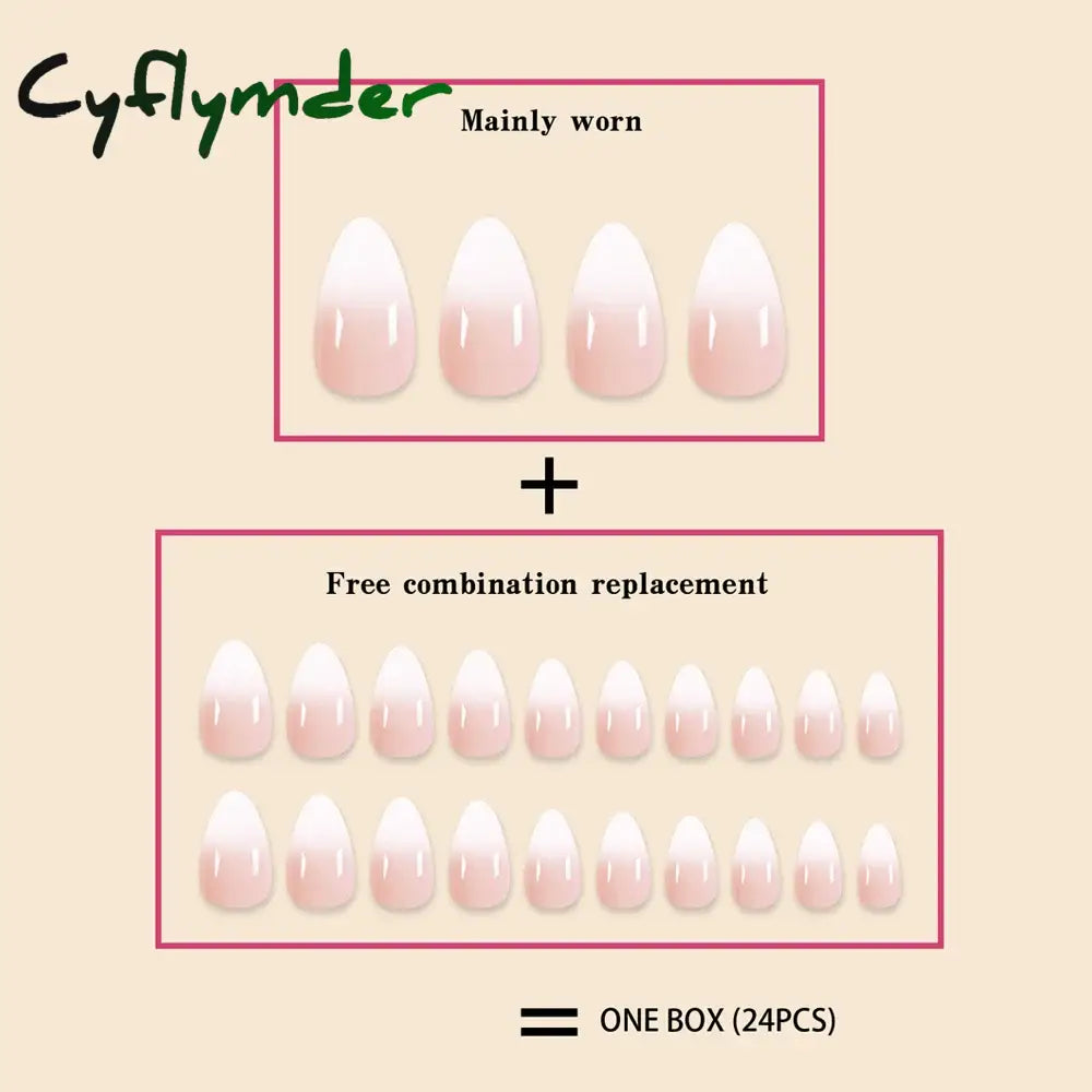Cyflymder 24Pc Short Size French Oval White Gradient Minimalist style Women Full Coverage Wearable Fake Nails Set
