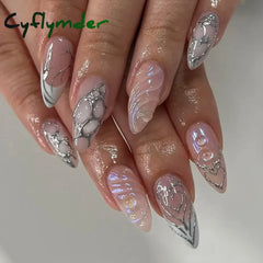 Cyflymder 24Pcs Almond Press on Fake Nails Long French False Nails with Pink Bow Wearable Flower Design Oval Manicure Full Cover Nail Tips