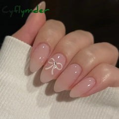 Cyflymder 24Pcs Almond Press on Fake Nails Long French False Nails with Pink Bow Wearable Flower Design Oval Manicure Full Cover Nail Tips