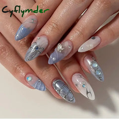 Cyflymder 24Pcs Almond Press on Fake Nails Long French False Nails with Pink Bow Wearable Flower Design Oval Manicure Full Cover Nail Tips