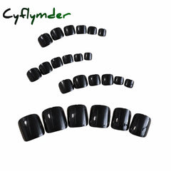 Cyflymder 24pcs Black False Toenails Solid Color Glossy Fake Toenails Wearable Full Cover Ins Square Press on Toenail Patch for Girl Women