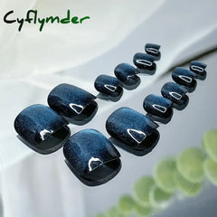 Cyflymder 24pcs Blue Cat Eyes Press on Foot Nails Aurora Glitter Artificial Toenails Women Girl Wearable Full Cover False Nail for Feet