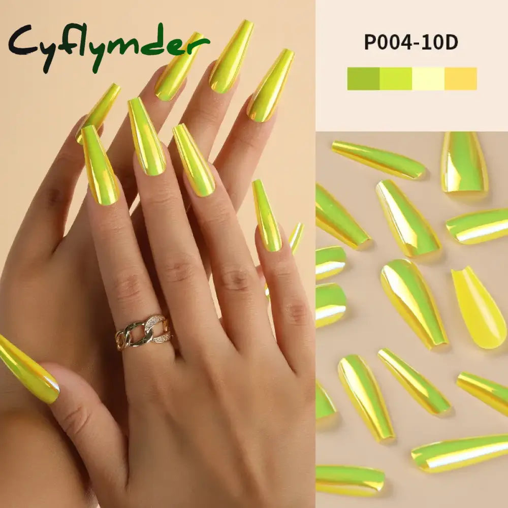 Cyflymder 24Pcs/Box Ballerina Press on Nails Tips False Nail Art Full Cover Detachable Artificial Fake Nails Metal Mirror Powder Design