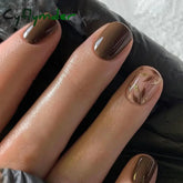 Cyflymder 24Pcs Brown Wearable Fake Nails Simple Leaves Design False Nail Tips Short Round Press on Nails French Full Cover Fake Nail