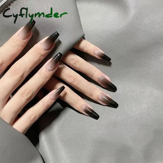 Cyflymder 24pcs Cool Girl False Nails Press On Long Coffin Square Ballet Nail Tips Full Cover Acrylic Fake Nail With Black Gradient Design