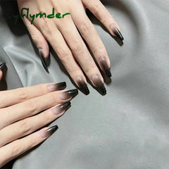 Cyflymder 24pcs Cool Girl False Nails Press On Long Coffin Square Ballet Nail Tips Full Cover Acrylic Fake Nail With Black Gradient Design
