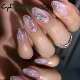 Cyflymder 24Pcs Detachable Magic Mirror Purple Fake Nails Almond Head Butterfly Pattern Press on False Nails Cat Eye Design Manicure Tip