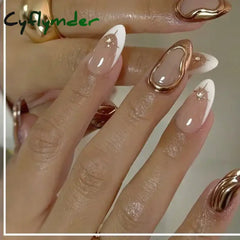 Cyflymder 24Pcs French Gold Edge Wearable Almond Press on Fake Nails Simple Pearl Decoration False Nails with Glue Full Over Manicure Tips