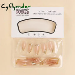 Cyflymder 24Pcs French Gold Edge Wearable Almond Press on Fake Nails Simple Pearl Decoration False Nails with Glue Full Over Manicure Tips