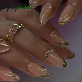 Cyflymder 24Pcs French Gold Edge Wearable Almond Press on Fake Nails Simple Pearl Decoration False Nails with Glue Full Over Manicure Tips