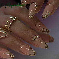 Cyflymder 24Pcs French Gold Edge Wearable Almond Press on Fake Nails Simple Pearl Decoration False Nails with Glue Full Over Manicure Tips