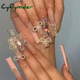 Cyflymder 24Pcs Full Cover False Nails Pink Full Rhinestone Bow Long French Coffin Nail Tips Detachable Fake Nail Press on Nails Manicure