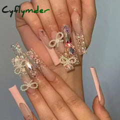 Cyflymder 24Pcs Full Cover False Nails Pink Full Rhinestone Bow Long French Coffin Nail Tips Detachable Fake Nail Press on Nails Manicure
