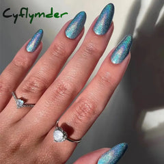 Cyflymder 24pcs Glitter Fake Nails Purple Shiny Cat Eye Press On Nails Almond Head Manicure Nail Tips Pink/Blue False Nail Patch For Girl