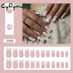 Cyflymder 24pcs Light Pink Press On Nails 3D Bowknots Designs False Nail Patches Wearable White French Style Fake Nail Tips Salon Art