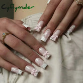 Cyflymder 24pcs Light Pink Press On Nails 3D Bowknots Designs False Nail Patches Wearable White French Style Fake Nail Tips Salon Art