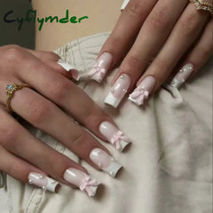 Cyflymder 24pcs Light Pink Press On Nails 3D Bowknots Designs False Nail Patches Wearable White French Style Fake Nail Tips Salon Art