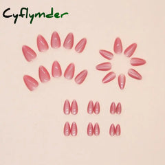 Cyflymder 24pcs Long Almond False Nails French Rose Cat Eye Dark Green Swoosh Stars Press on Nails Fake Nails DIY Manicure Detachable