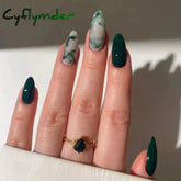 Cyflymder 24pcs Long Almond False Nails French Rose Cat Eye Dark Green Swoosh Stars Press on Nails Fake Nails DIY Manicure Detachable