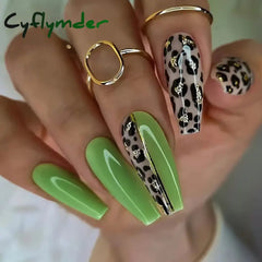 Cyflymder 24Pcs Long Ballet Fake Nails Press on Wearable Coffin False Nails with Glue Glitter Leaves Design Full Cover Nail Tips Manicure