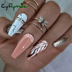 Cyflymder 24Pcs Long Ballet Fake Nails Press on Wearable Coffin False Nails with Glue Glitter Leaves Design Full Cover Nail Tips Manicure