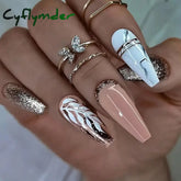 Cyflymder 24Pcs Long Ballet Fake Nails Press on Wearable Coffin False Nails with Glue Glitter Leaves Design Full Cover Nail Tips Manicure