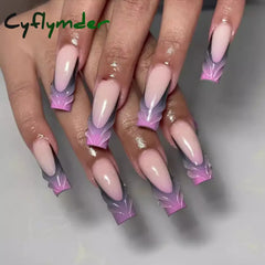 Cyflymder 24Pcs Long Ballet Square False Nails Simple French 3d Curve Design Fake Nails Wearable Press on Fake Nails Full Cover Nails Tips
