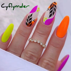 Cyflymder 24Pcs Long Stiletto Press on Nails Box Acrylic False Nails with Almond Designs Black Gold Foil French Full Cover Fake Nail Tips