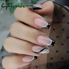 Cyflymder 24Pcs Medium Long Ballet Fake Nails Art Flat Head Gold Line Frosted False Nails Press on Full Cover Removable Stick on Nail Tips