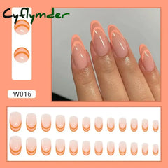 Cyflymder 24PCS Nail Art Fake Nails Long Ballerina Press on False Nails Set Handmade Orange Edge Almond Nail Seamless Removable Capsule