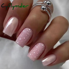 Cyflymder 24Pcs Nail Aurora Glitter Fake Nails Short French Press on Nails Simple False Nail Tips Full Cover Artificial Acrylic Nails Tips