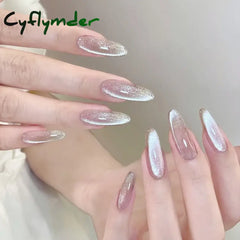 Cyflymder 24pcs Pearlescent Cat Eyes False Nails Wearable Flash Crystal Long Almond Aurora Fake Nails Press on Finished Manicure Nail Tips